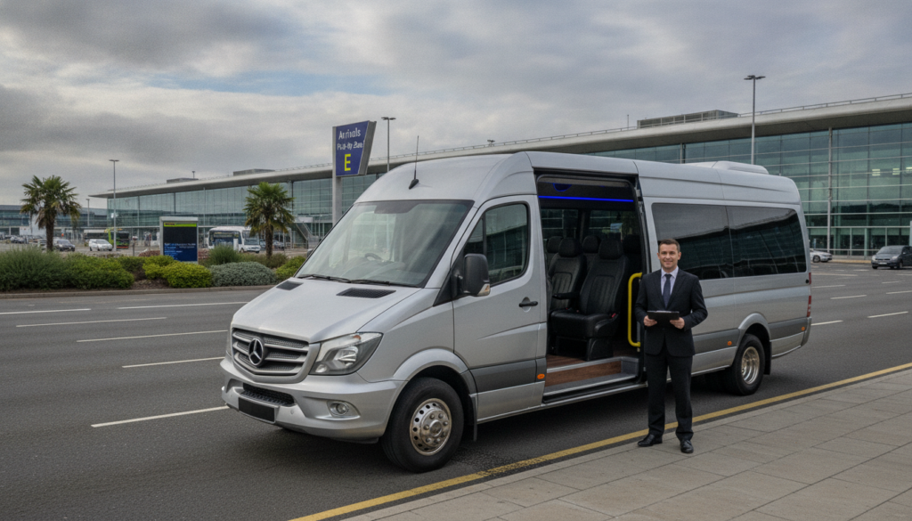 Booking Your Manchester Airport Minibus: A Comprehensive Guide — executive minibus meeting a group at Manchester Airport
