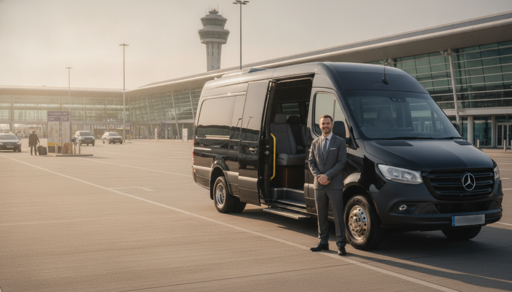 Executive Travel Simplified: Corporate Minibus Transfers to MAN — executive minibus meeting a group at Manchester Airport