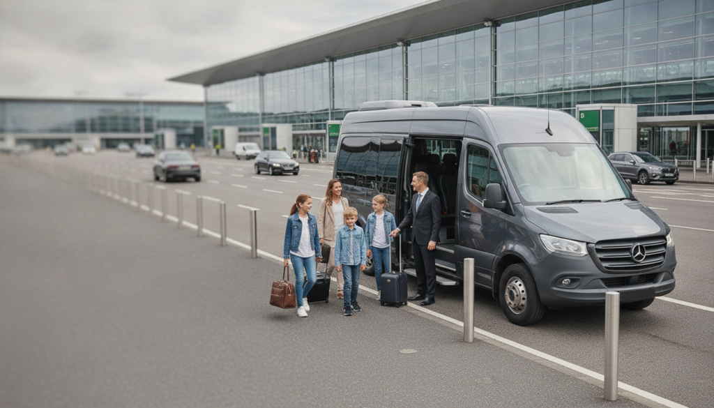 Stress-Free Family Airport Runs: Minibus Transfers to Manchester Airport — executive minibus meeting a group at Manchester Airport