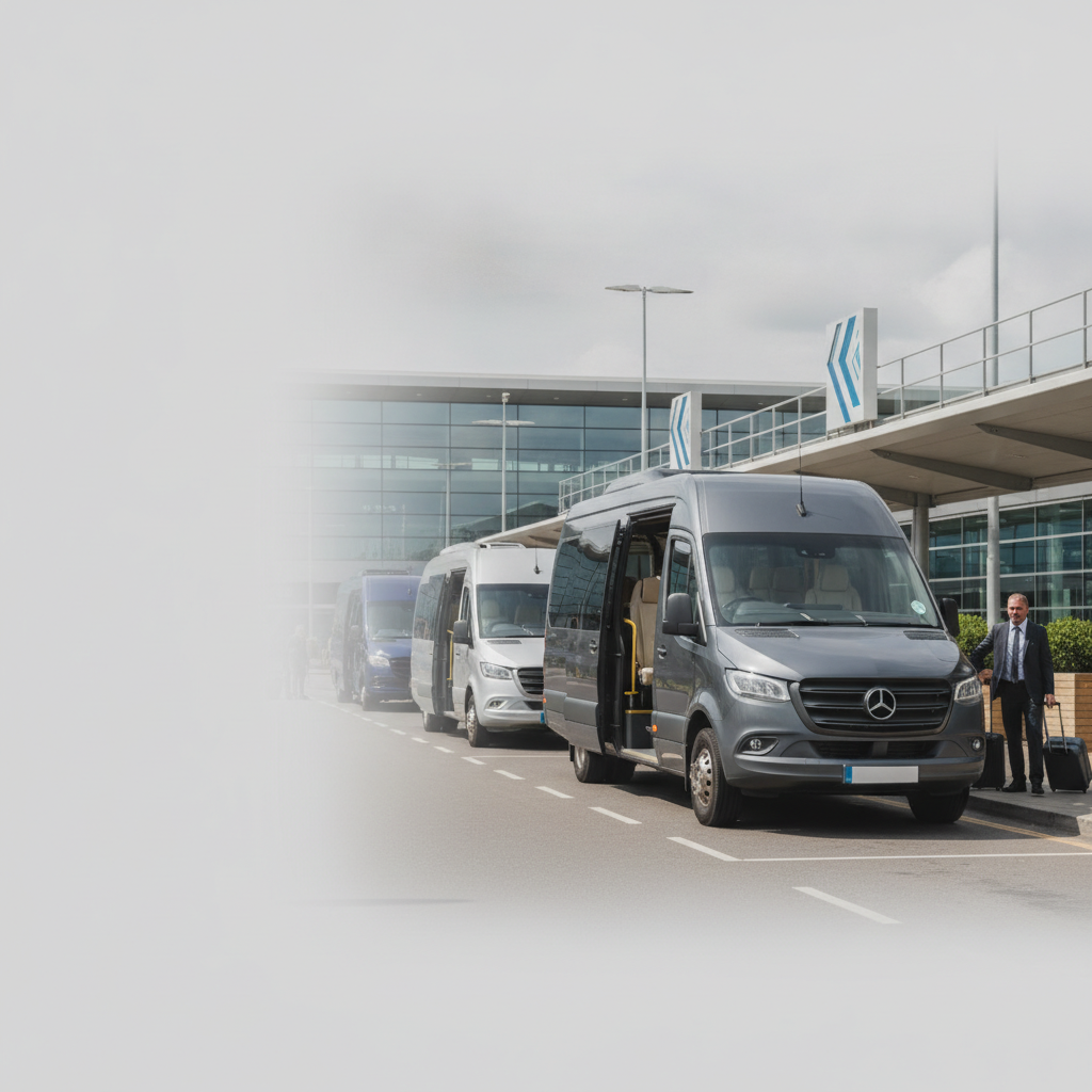 Home — executive minibus meeting a group at Manchester Airport