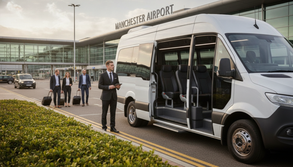 Punctual & Professional: Corporate Group Transfers from Manchester — executive minibus meeting a group at Manchester Airport