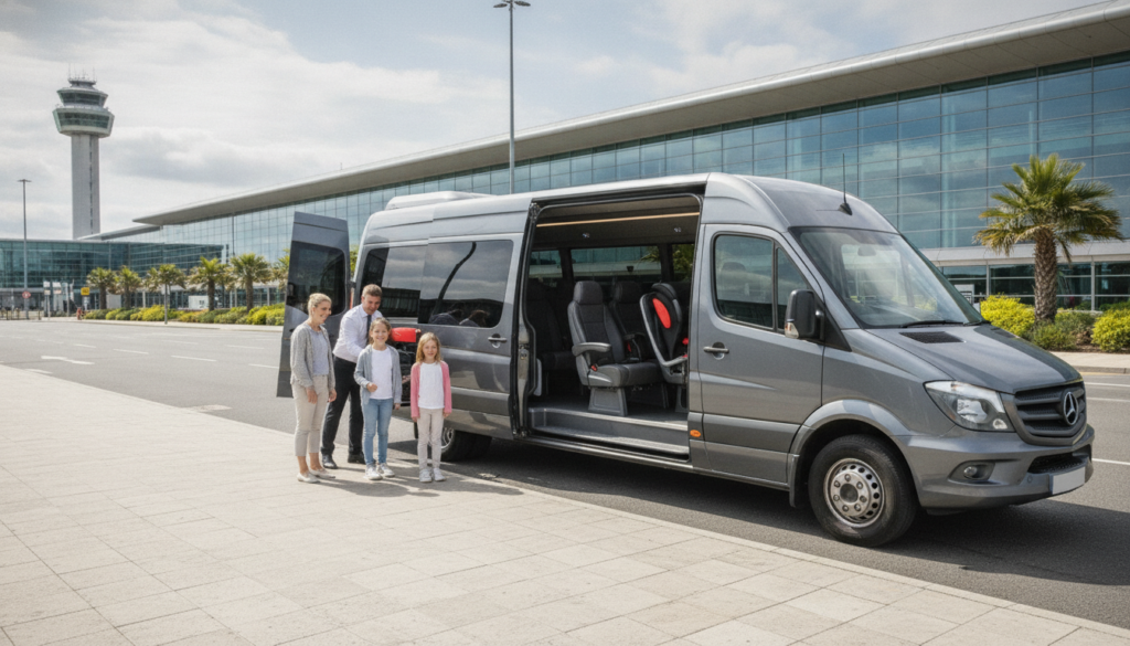 Why a Premium Minibus is Best for Your Family's MAN Holiday — executive minibus meeting a group at Manchester Airport