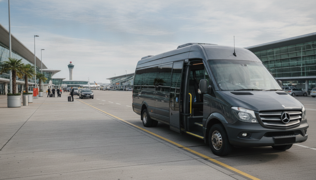 Impress Your Clients: First-Class Minibus Service to Manchester Airport — executive minibus meeting a group at Manchester Airport