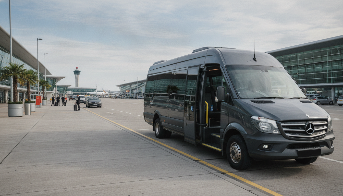 Impress Your Clients: First-Class Minibus Service to Manchester Airport — executive minibus meeting a group at Manchester Airport