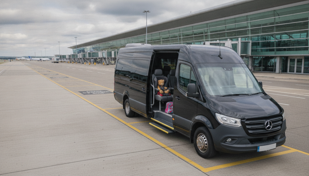 Travelling with Kids: Comfort and Space on Your Manchester Airport Transfer — executive minibus meeting a group at Manchester Airport